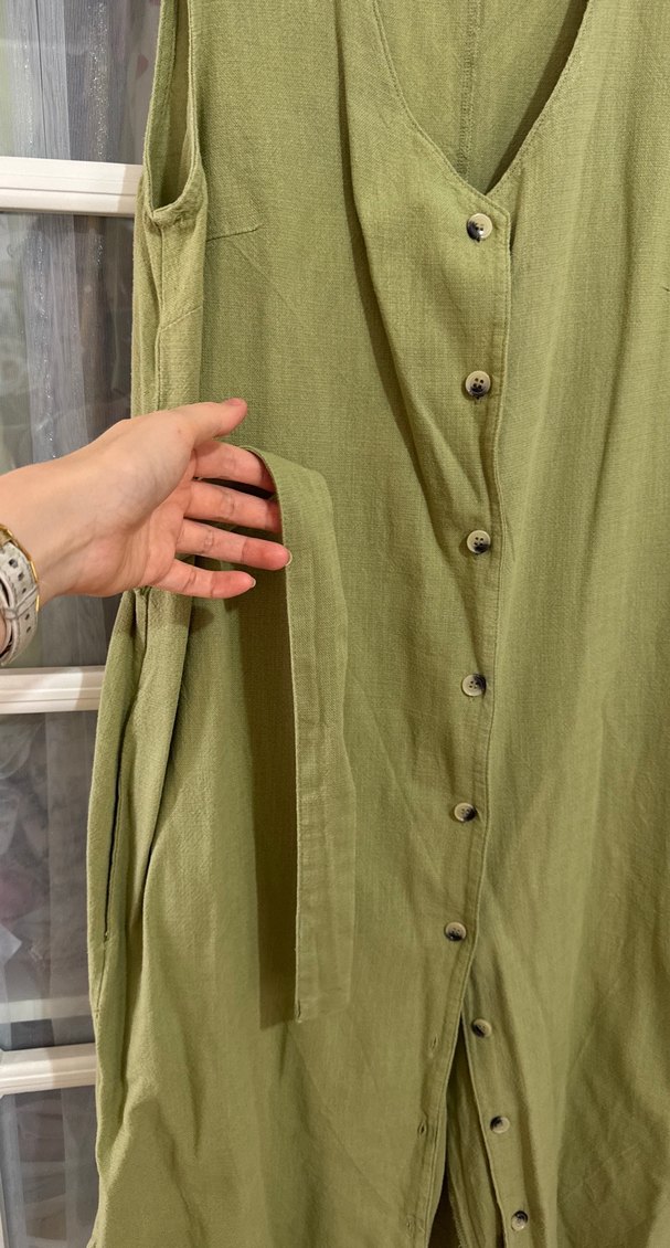 Düğmeli Kolsuz Keten Kadın Tulum - Görsel 3