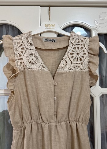 Dantel Detaylı Bej Uzun Keten Elbise - Görsel 2