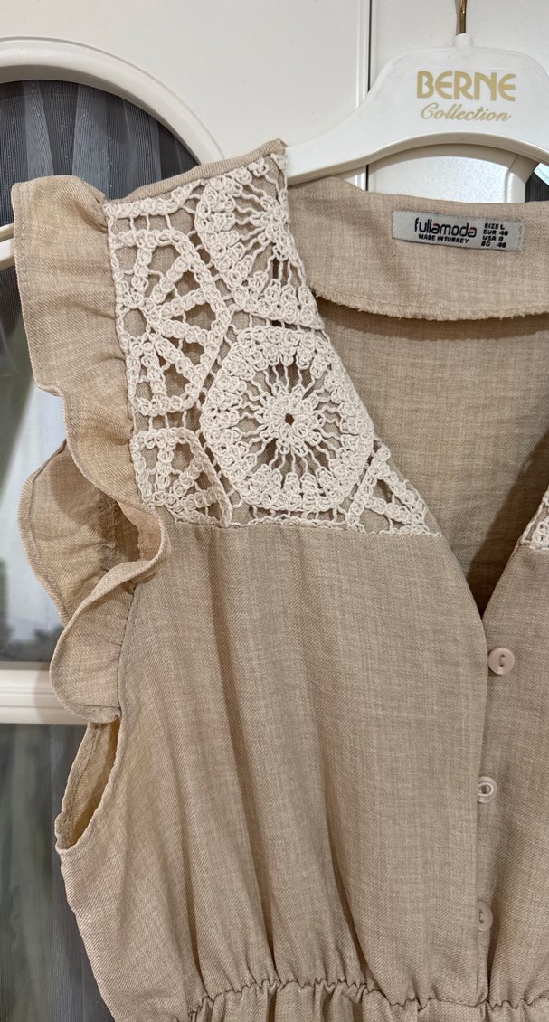 Dantel Detaylı Bej Uzun Keten Elbise - Görsel 3