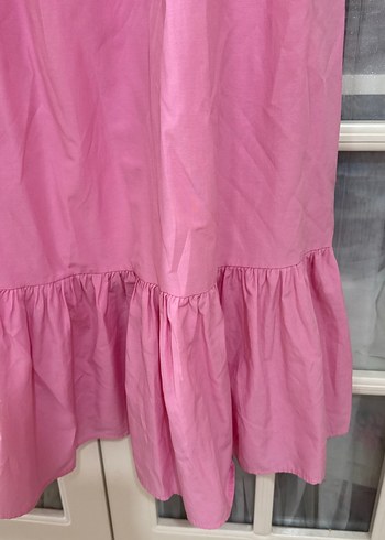 Pembe Uzun Kolluksuz Volanlı Elbise - Görsel 2