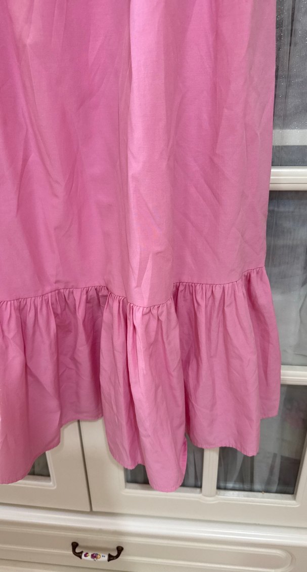 Pembe Uzun Kolluksuz Volanlı Elbise - Görsel 2