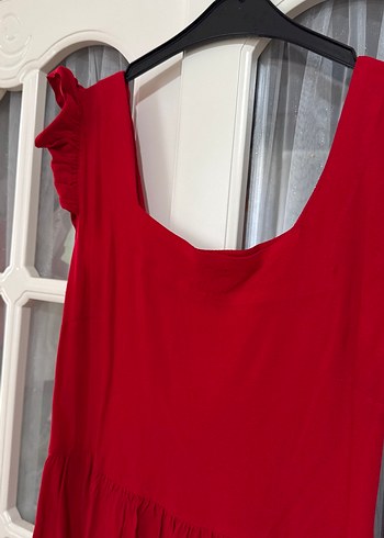 Kırmızı Keten Midi Elbise, Volanlı, Straplez - Görsel 3