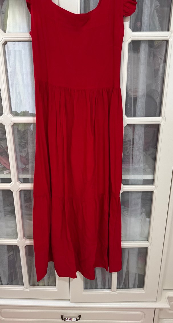 Kırmızı Keten Midi Elbise, Volanlı, Straplez - Görsel 2