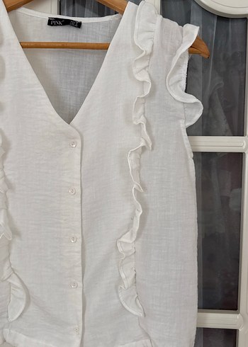 Beyaz Keten Volanlı Hamile Bluzu - Görsel 2