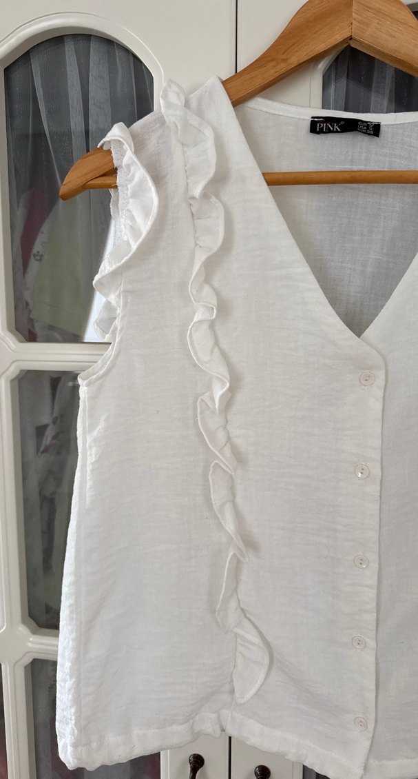 Beyaz Keten Volanlı Hamile Bluzu - Görsel 3