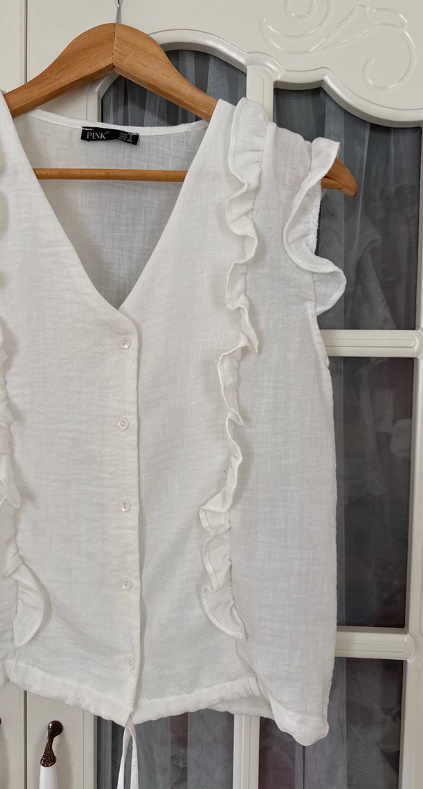 Beyaz Keten Volanlı Hamile Bluzu - Görsel 2