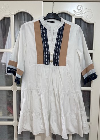 Nakış Detaylı Beyaz Bohem Mini Elbise - Görsel 2