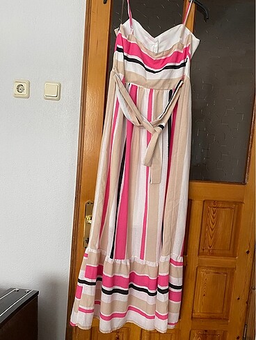 xl Beden İnce askılı pembe uzun elbise