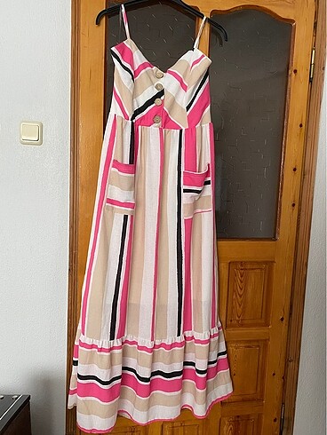 Diğer İnce askılı pembe uzun elbise