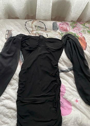 Uzun Kollu Drapeli Siyah Straplez Elbise - Görsel 2