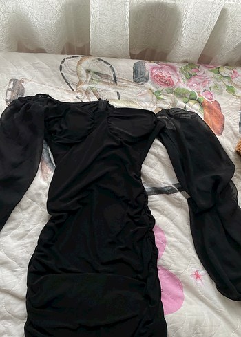 Uzun Kollu Drapeli Siyah Straplez Elbise - Görsel 3