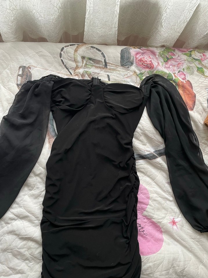 Uzun Kollu Drapeli Siyah Straplez Elbise - Görsel 2