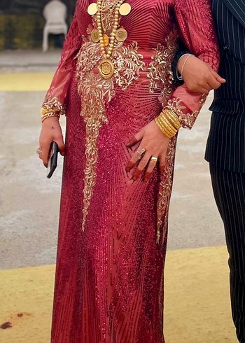 Bordo Uzun Kol Drapeli Düğün Kına Elbisesi - Görsel 2