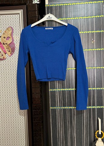 s Beden Mavi V Yaka Uzun Kollu Crop Top