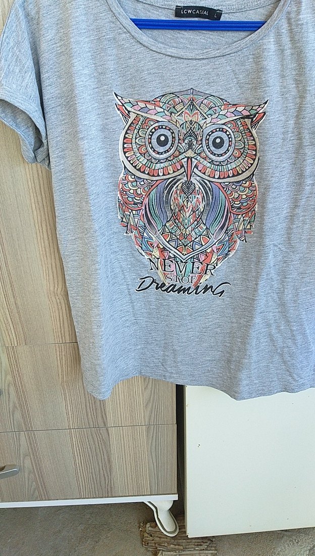 Gri Baskılı Baykuşlu Kadın Tişört açıklamayı okuyun lütfen - Görsel 2