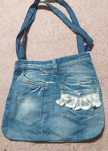 Tasarımcı Dantel Detaylı Mavi Denim Kadın Çanta
