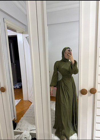 Abiye Kadın Haki Uzun Kollu Uzun Elbise