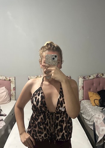 Leopar Desenli Transparan Halter Yaka Büstiyer