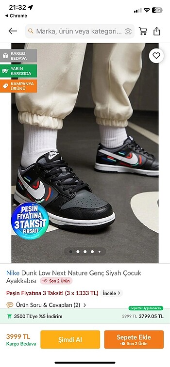 Nike dunk low next nature genç çocuk ayakkabı çok iyi durumda