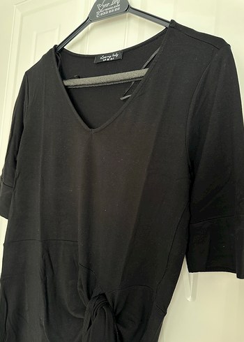Kadın Siyah viskon V Yaka Salaş Tişört - Görsel 2