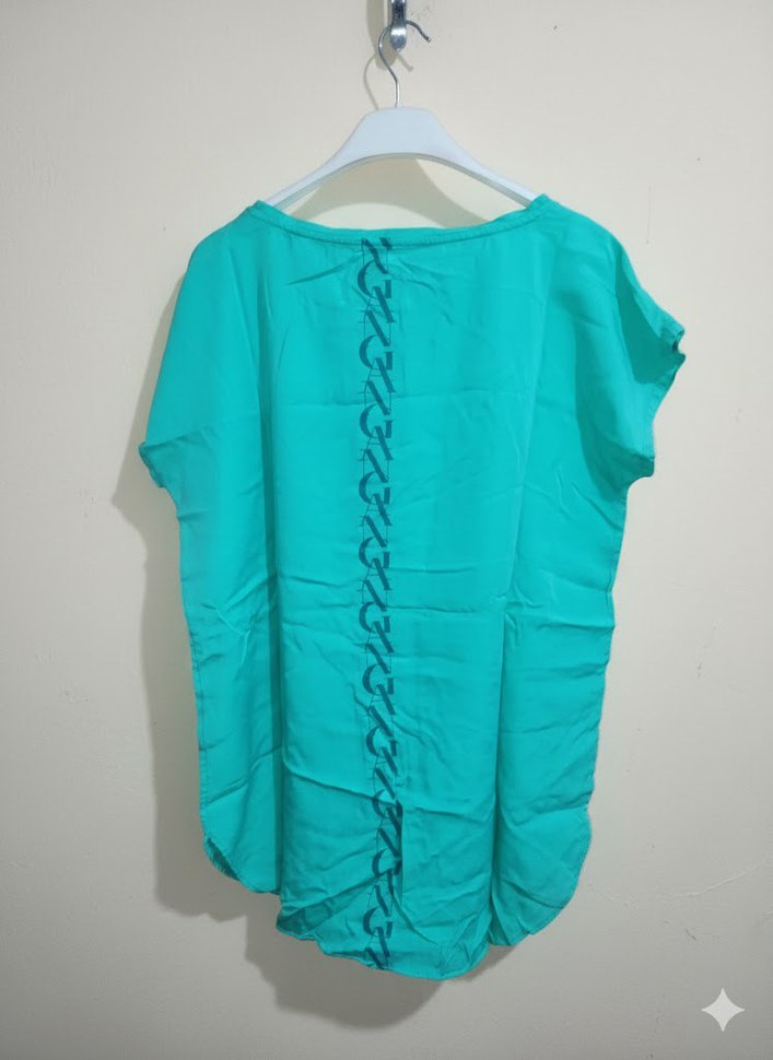 Turkuaz Keten Kadın Kısa Kollu Bluz - Görsel 2