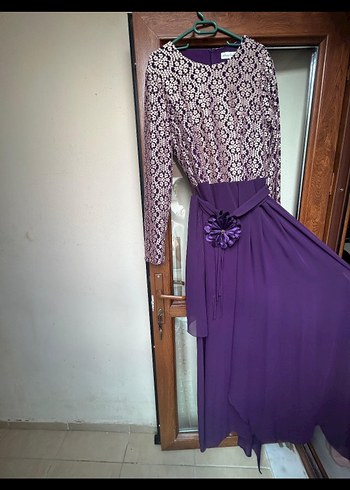 Mor Uzun Dantel Detaylı Kadın Elbise - Görsel 6