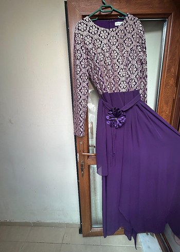 Mor Uzun Dantel Detaylı Kadın Elbise - Görsel 5