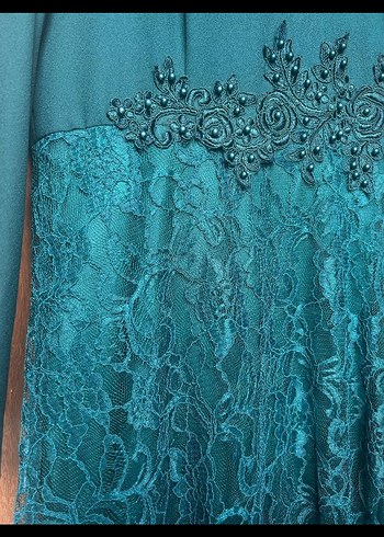 Uzun Kollu Turkuaz İşlemeli Kadın Abiye Elbise - Görsel 3