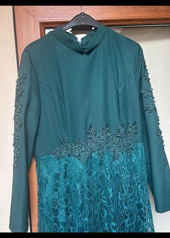 Uzun Kollu Turkuaz İşlemeli Kadın Abiye Elbise - Görsel 5