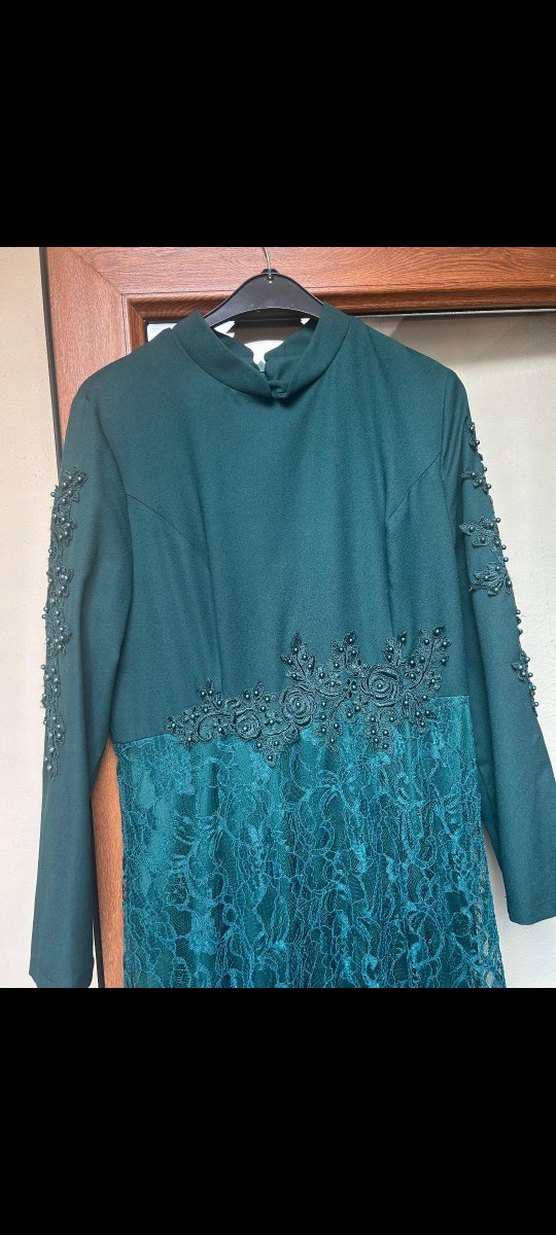 Uzun Kollu Turkuaz İşlemeli Kadın Abiye Elbise - Görsel 5