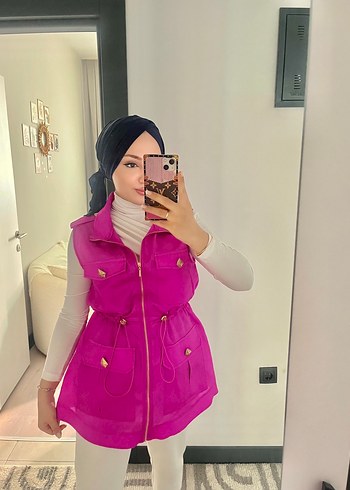 Diğer Parlak Pembe Düğmeli Kadın Yelek