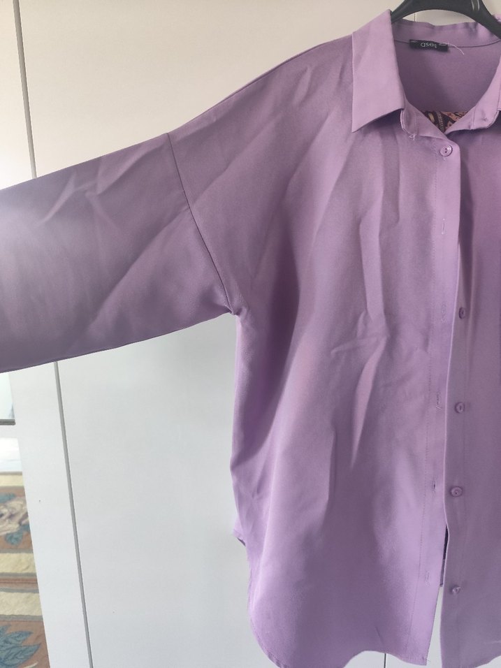 Uzun Kollu Düğmeli Mor Kadın Gömlek - Görsel 4