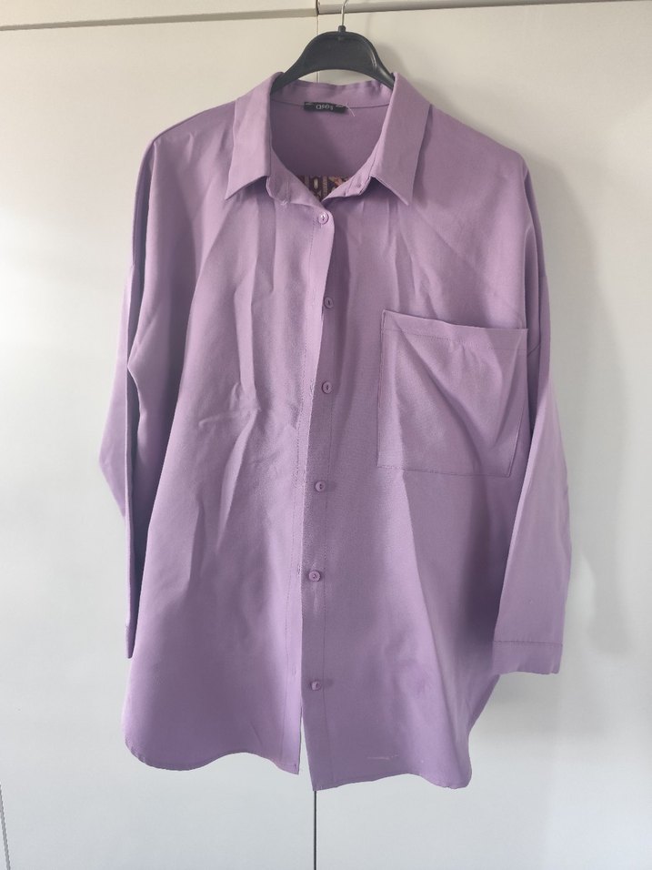 Uzun Kollu Düğmeli Mor Kadın Gömlek - Görsel 3