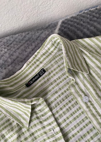 Kadın Keten Düğmeli yeşil çizgili Gömlek - Görsel 4