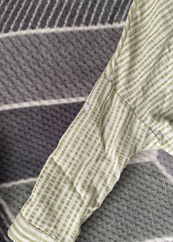 Kadın Keten Düğmeli yeşil çizgili Gömlek - Görsel 3