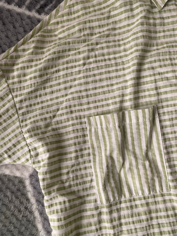 Kadın Keten Düğmeli yeşil çizgili Gömlek - Görsel 2