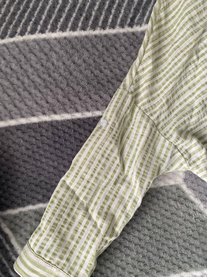 Kadın Keten Düğmeli yeşil çizgili Gömlek - Görsel 3