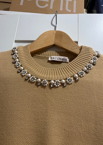 Bej Kadın Triko Süveter Taş Detaylı - Görsel 3