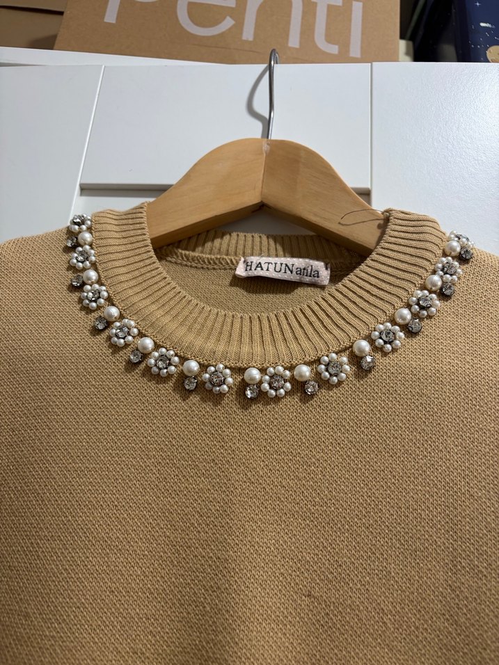 Bej Kadın Triko Süveter Taş Detaylı - Görsel 3