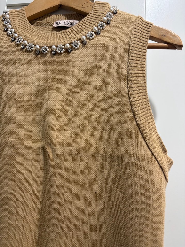 Bej Kadın Triko Süveter Taş Detaylı - Görsel 2