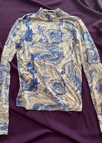 Mavi Gri Batik Desenli Uzun Kollu Bluz