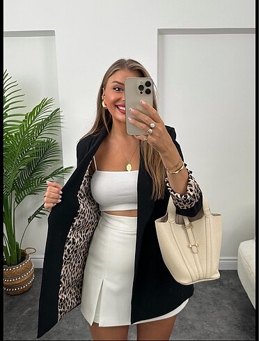 Leopar astarlı siyah blazer ceket
