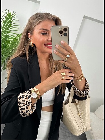 s Beden Leopar astarlı siyah blazer ceket