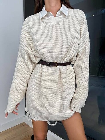universal Beden beyaz Renk Taş rengi yırtık triko oversize kazak