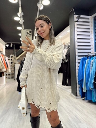 Diğer Taş rengi yırtık triko oversize kazak
