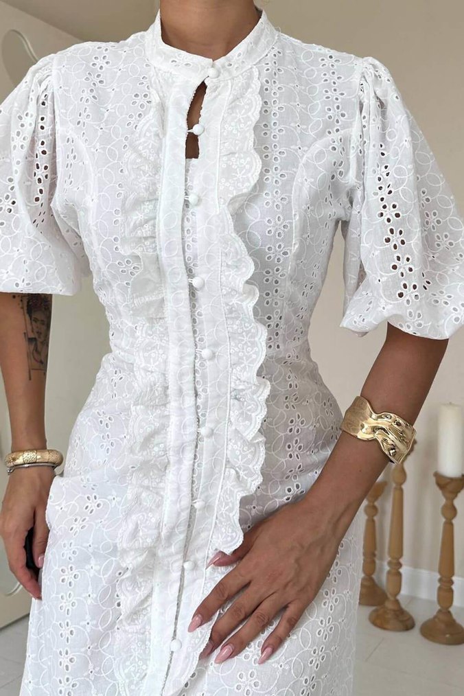 Dantel Detaylı Beyaz Bohem  Fisto midi Elbise - Görsel 3