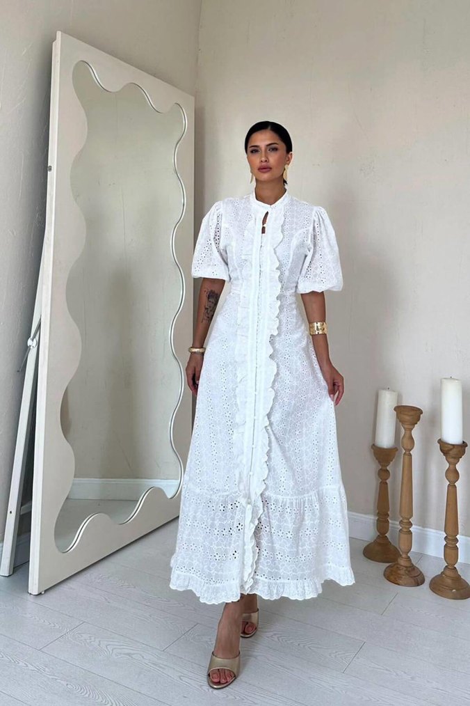 Dantel Detaylı Beyaz Bohem  Fisto midi Elbise - Görsel 4