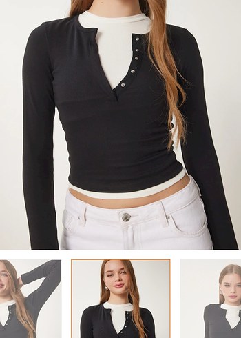 Siyah çıtçıtlı basic uzun kollu bluz - Görsel 4