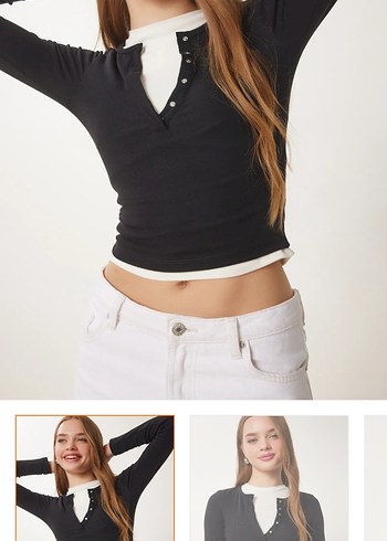 Siyah çıtçıtlı basic uzun kollu bluz - Görsel 3