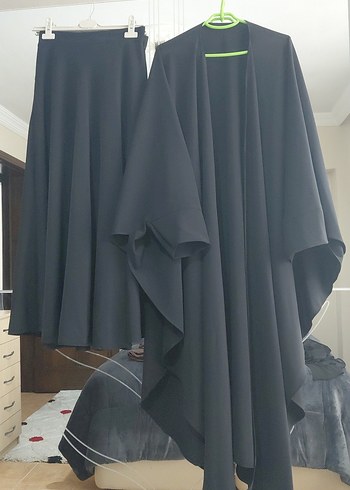 Drapeli Siyah Uzun tok kalın petek kumas etek ve panco - Görsel 4